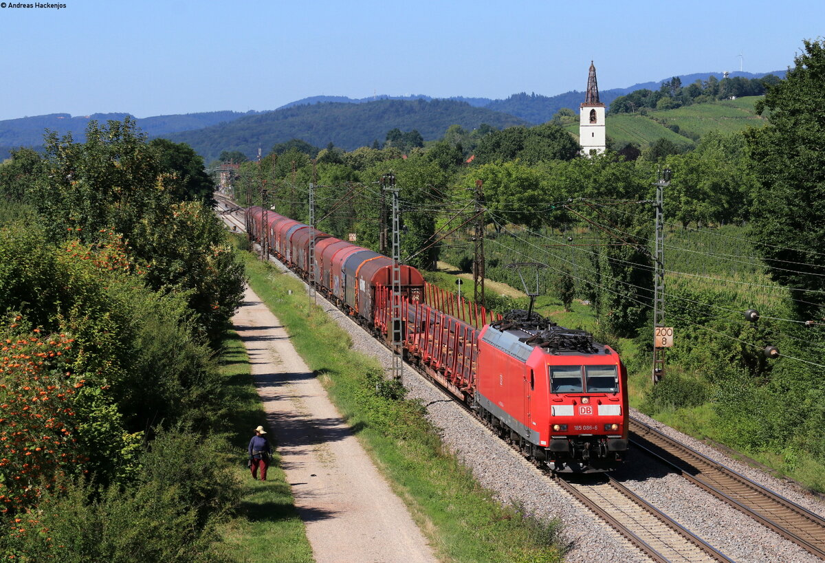 185 086-6 mit dem EZ 45013 (Mannheim Rbf - Chiasso Smistamento) bei Denzlingen 8.7.22