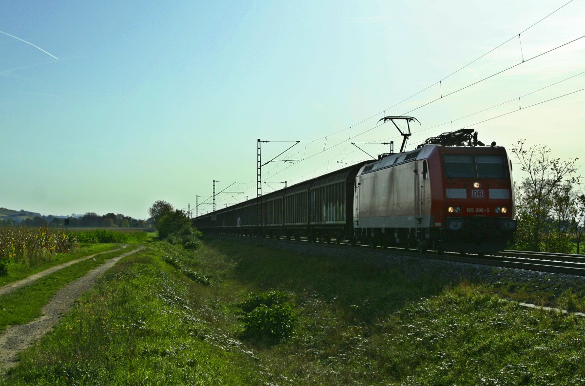 185 096-5 mit einem Red-Bullzug von Bludenz nach Bremerhafen-Kaiserhafen am Nachmittag des 26.10.13 bei Hgelheim.