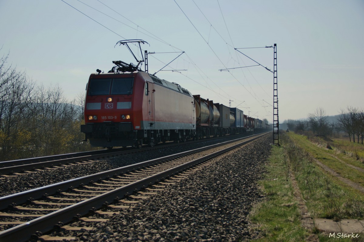 185 103-9 mit einen Containerzug von Würzburg kommend am 11.03.14 in Thüngersheim.