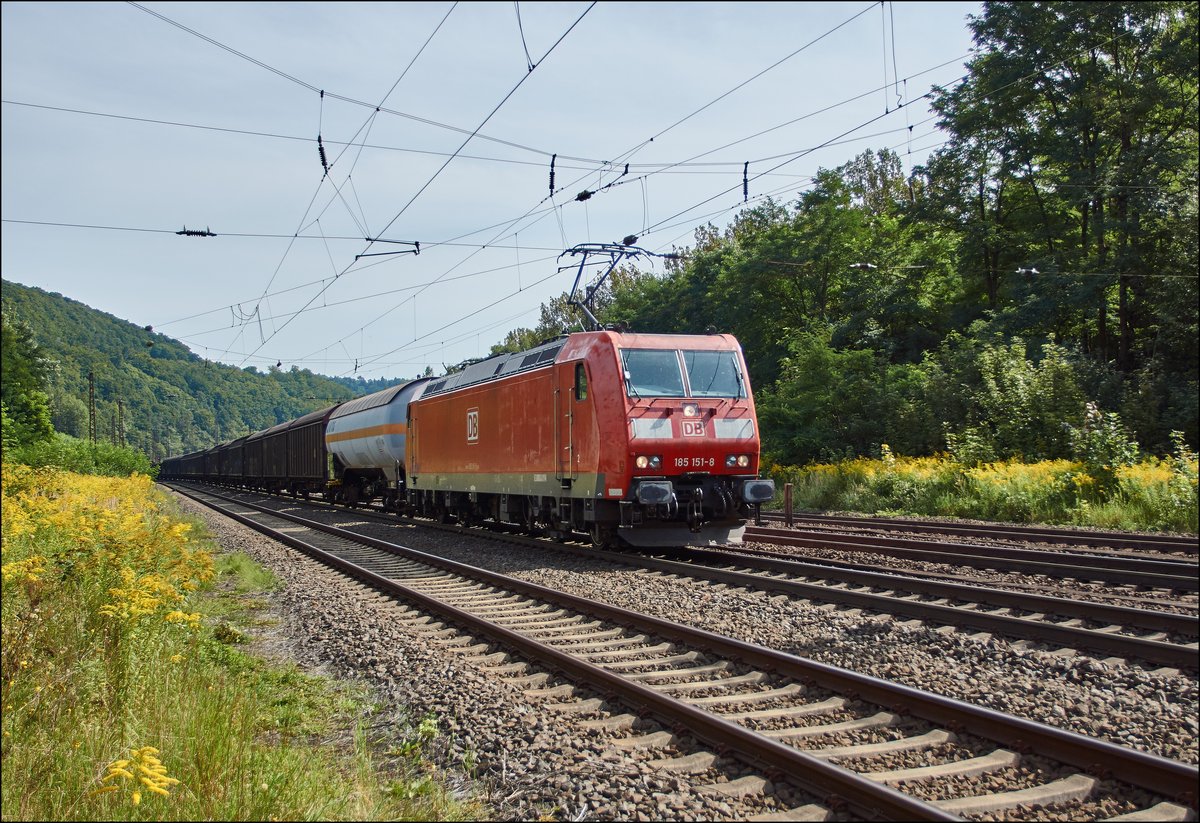 185 151-8 ist mit einen gemischten Güterzug am 30.08.2017 bei Elm unterwegs.