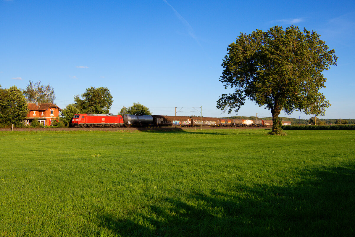 185 153 DB Cargo mit einem gemischten Güterzug bei Triesdorf Richtung Ansbach, 26.08.2020
