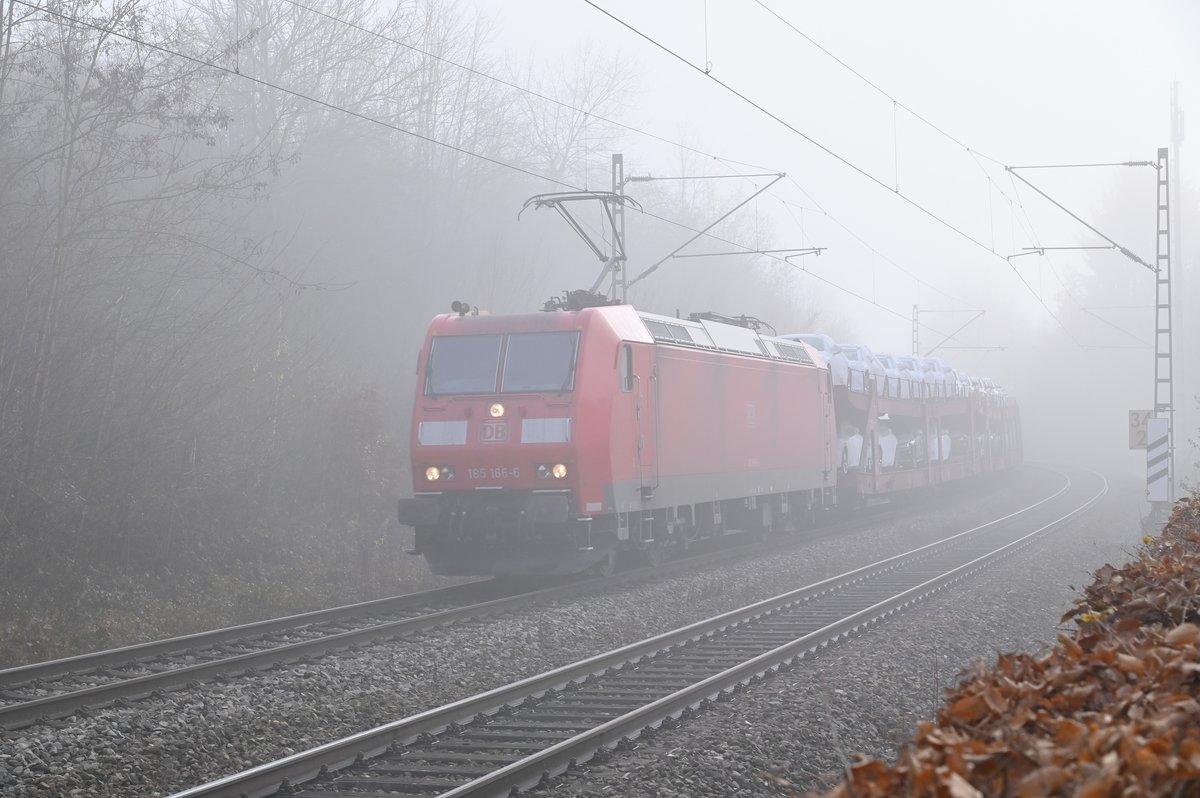 185-166-6 kommt mit dem Millonenzug im Nebel des Freitagmittag aus dem Gegenlicht durch Neckargerach, so langsam setzt sich die Sonne gegen die Wassertröpfchen durch. 18.12.2020