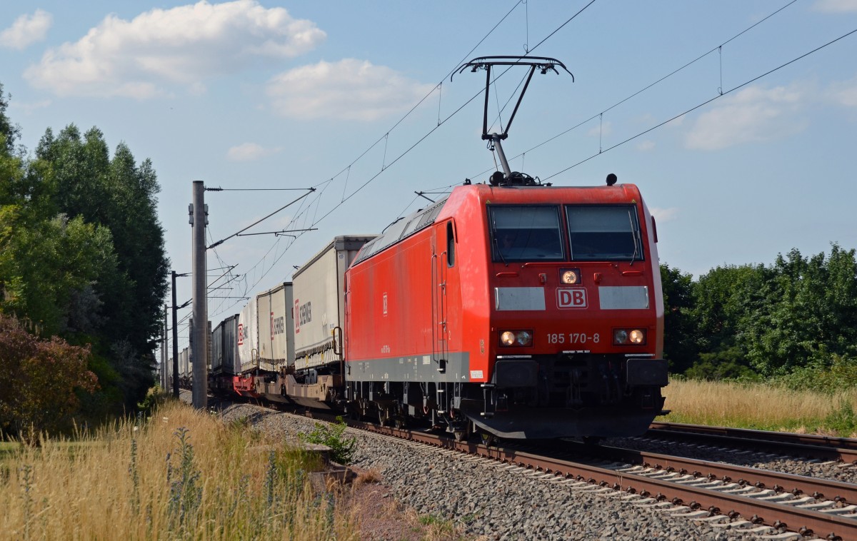 185 170 zog am 06.07.15 einen Schenker-Aufliegerzug durch Greppin Richtung Bitterfeld.