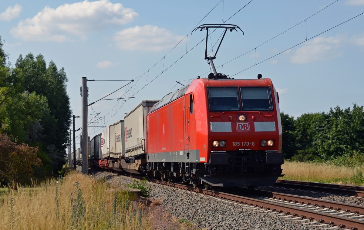 185 170 zog am 06.07.15 einen Schenker-Aufliegerzug durch Greppin Richtung Bitterfeld.