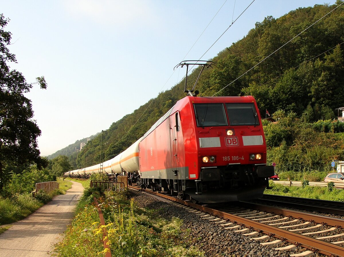 185 186 bei morgendlichem Streiflicht mit Kesselwagen nahe Stolzenfels auf der linken Rheinseite am 21.08.2021
