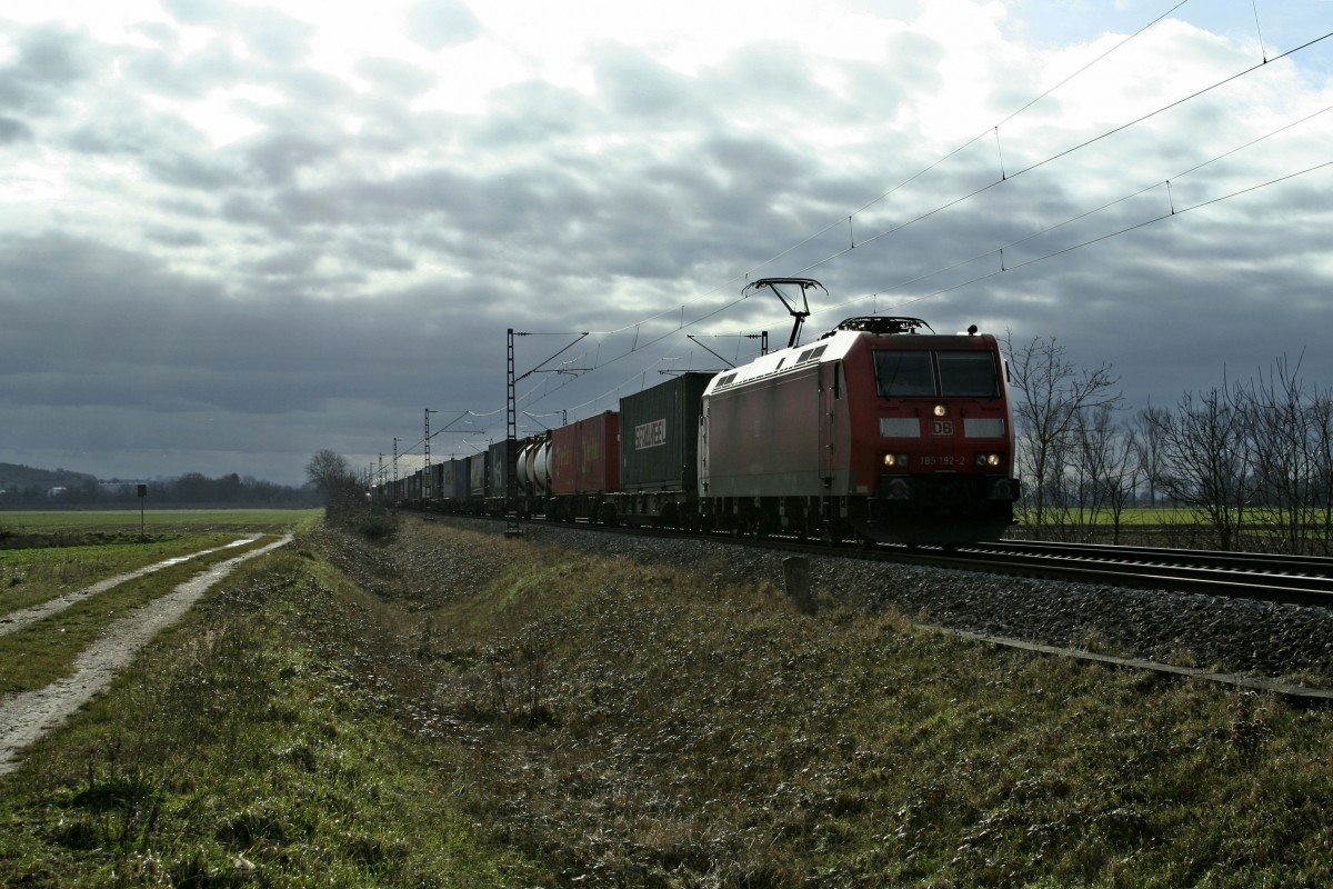 185 192-2 mit einem KLV-Zug gen Norden am Nachmittag des 03.01.14 bei Hgelheim.