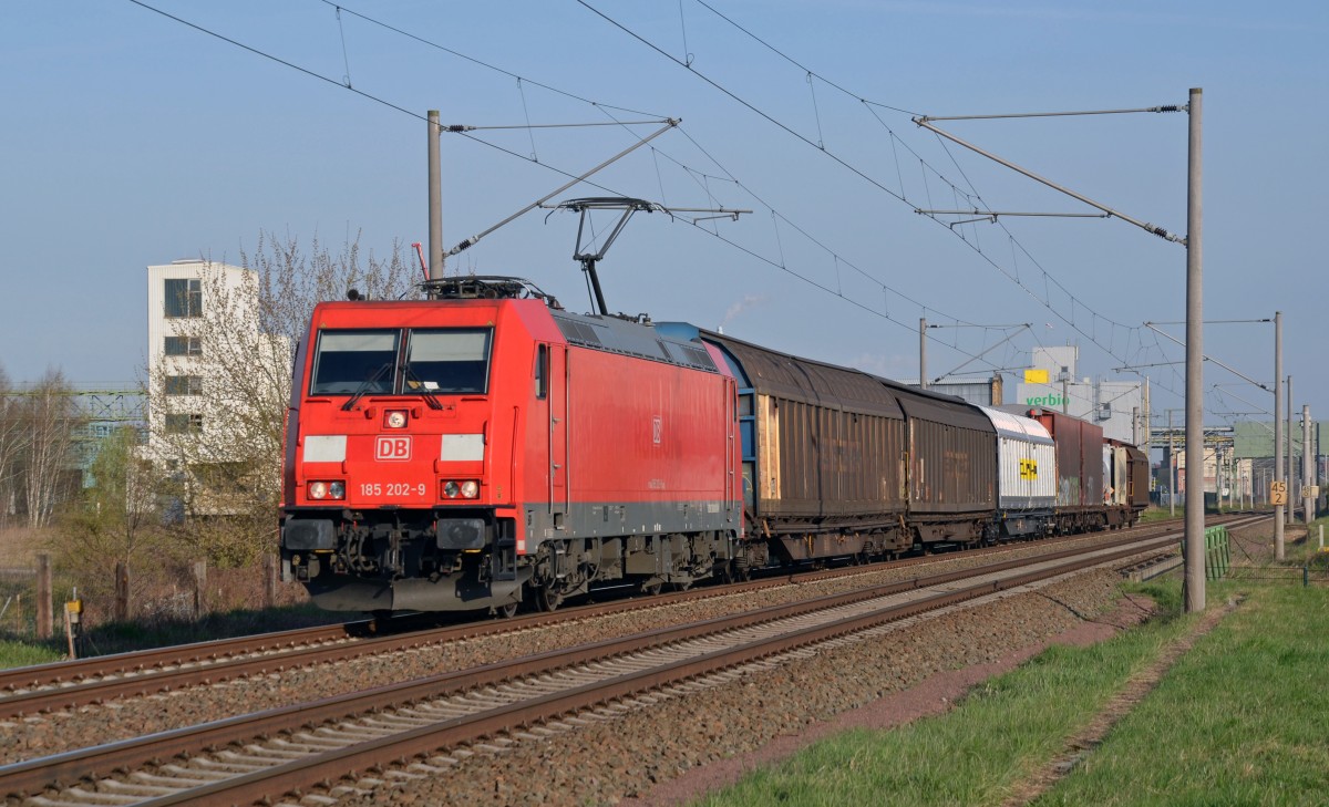 185 202 zog am 14.04.15 einen kurzen Güterzug durch Greppin Richtung Bitterfeld.