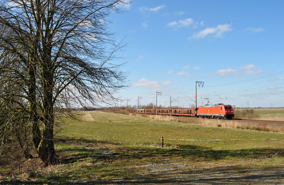 185 213-6 fuhr am 13.03.2015 mit einem Autozug von Emden nach Osnabrück, hier bei Petkum.
