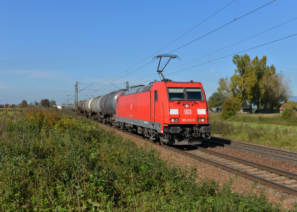 185 213 mit einem Kesselzug am 19.10.2014 bei Plattling.