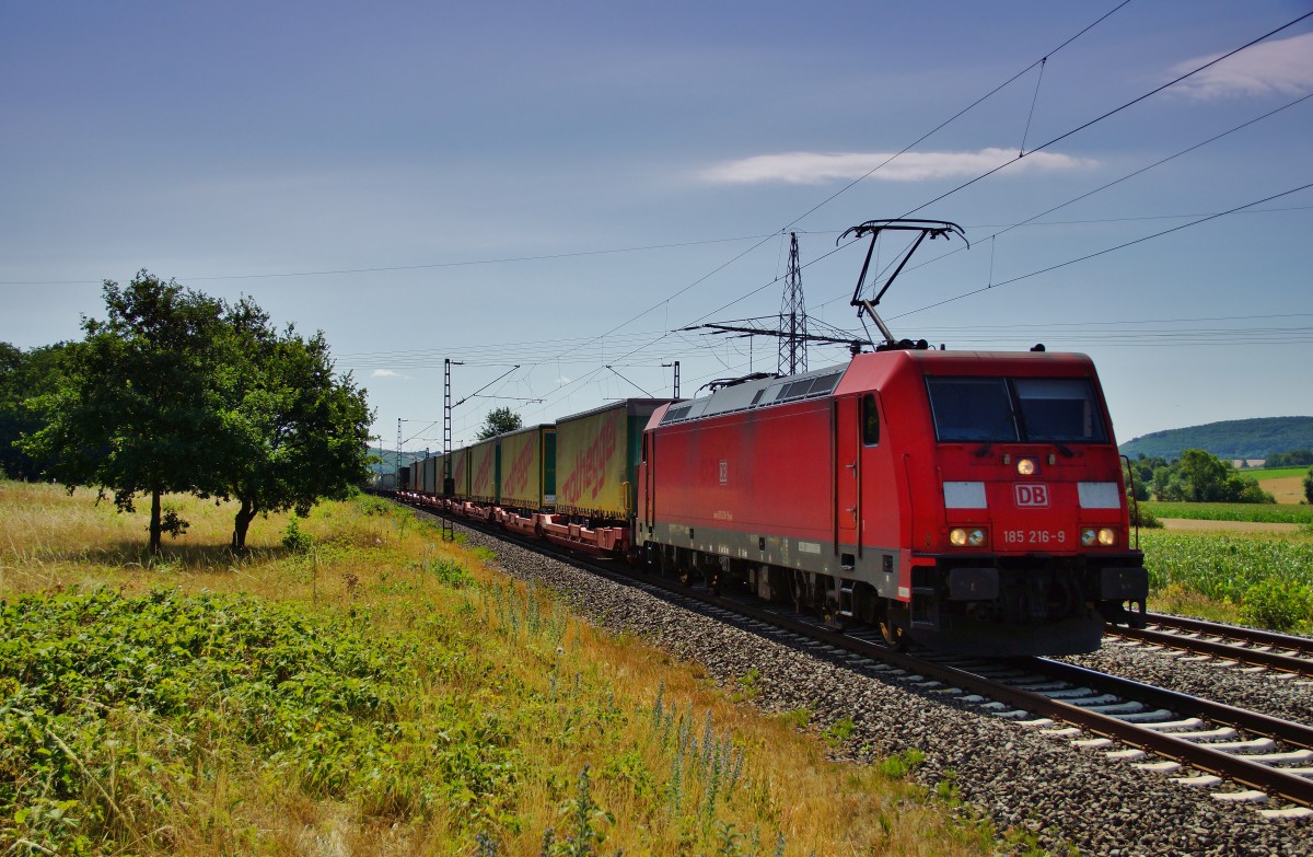 185 216-9 ist bei sehr schönen Sommerwetter mit einen gemischten Güterzug am 16.07.15 bei Harrbach unterwegs.