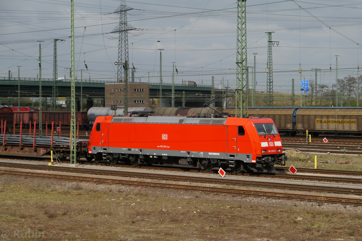 185 229-2 fährt mit einem gemischten Güterzug aus dem Mannheimer Rangierbahnhof. (19.03.2014)