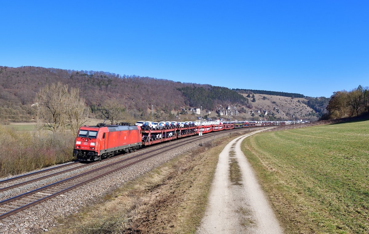 185 230 mit einem Autozug am 28.02.2021 bei Obereichstätt.