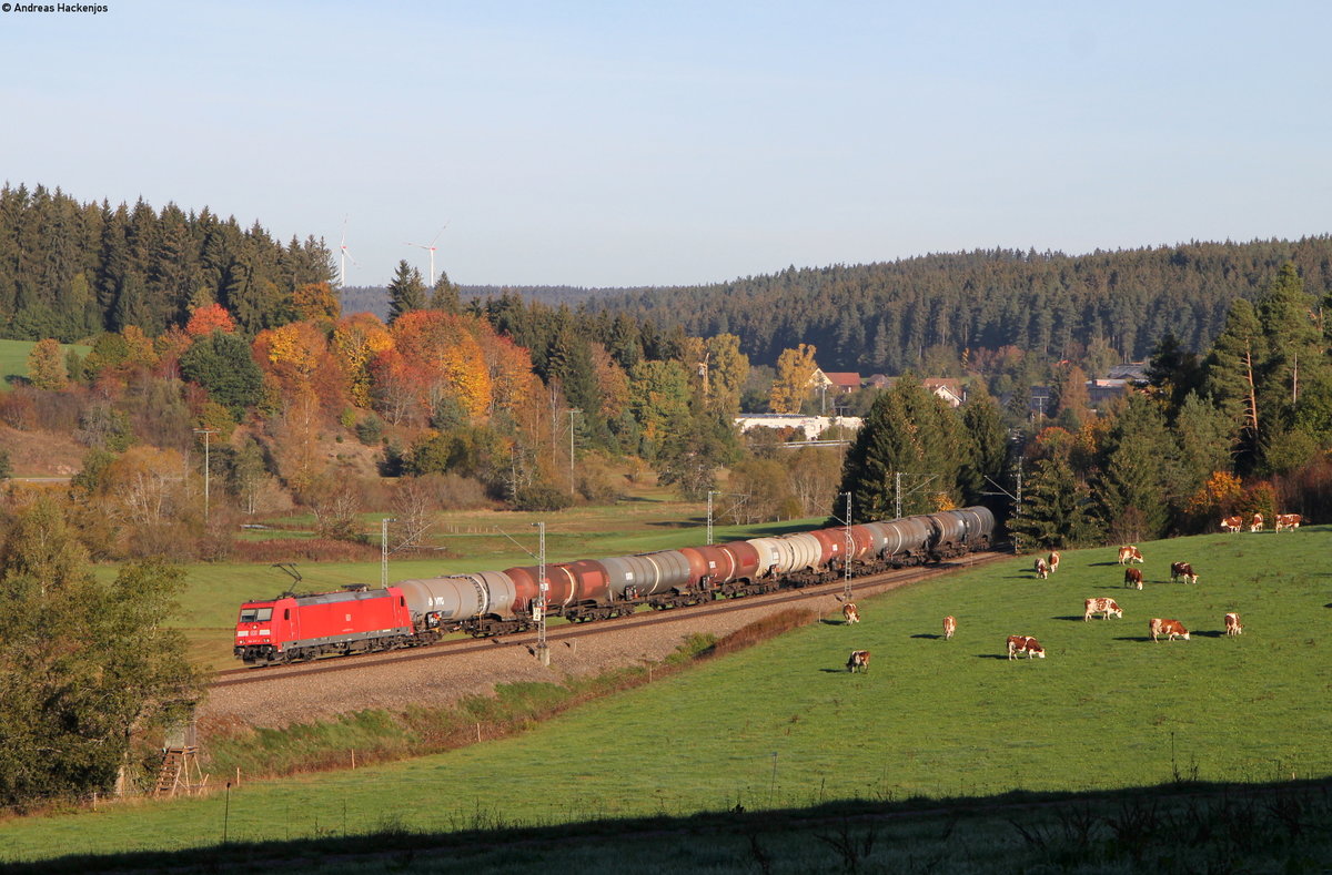 185 247-4 mit dem GC 60482 (Karlsruhe Raffiniere-Rammelswiesen) bei Stockburg 12.10.18