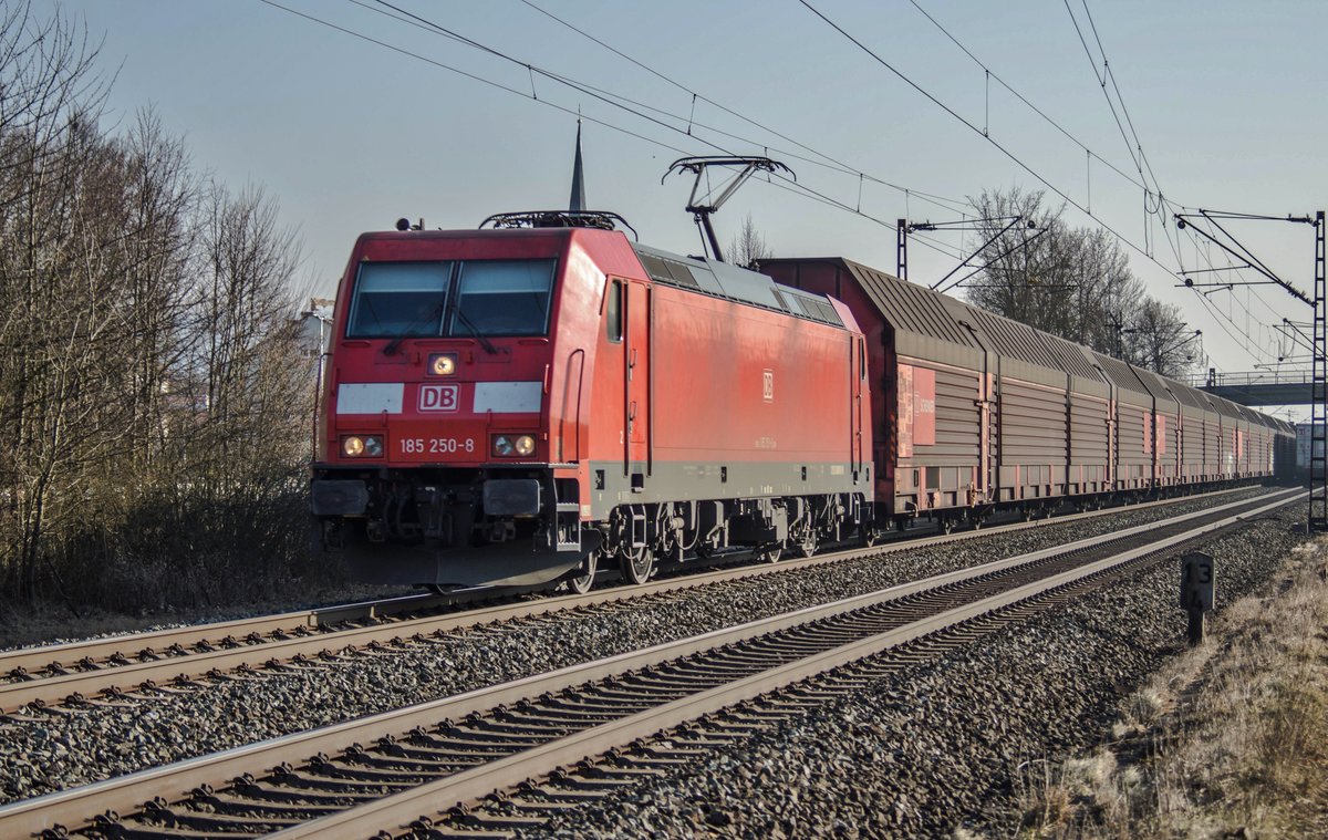 185 250-8 ist mit einen Autozug in Richtung Norden bei Thüngersheim am 15.02.2017 zu sehen.