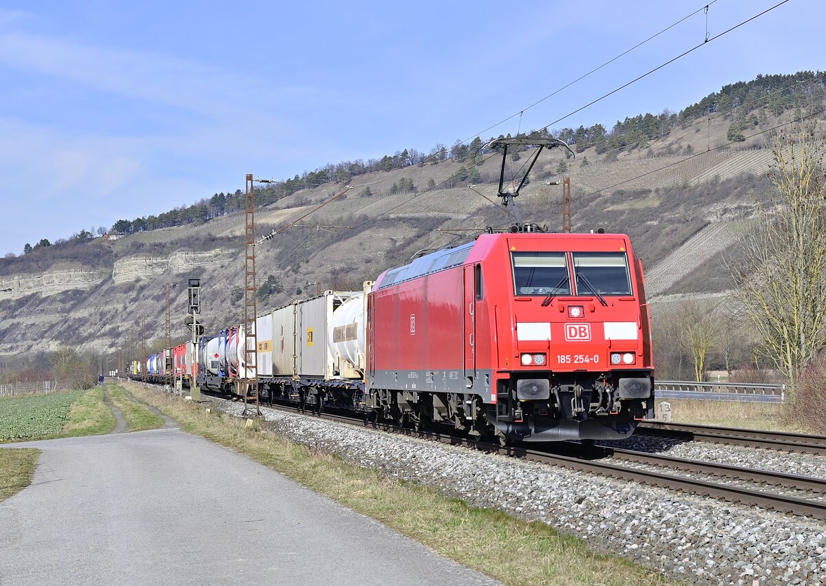 185 254-0 mit einem Containerzug bei Thüngersheim am 1.3.2022 gen Würzburg fahrend.