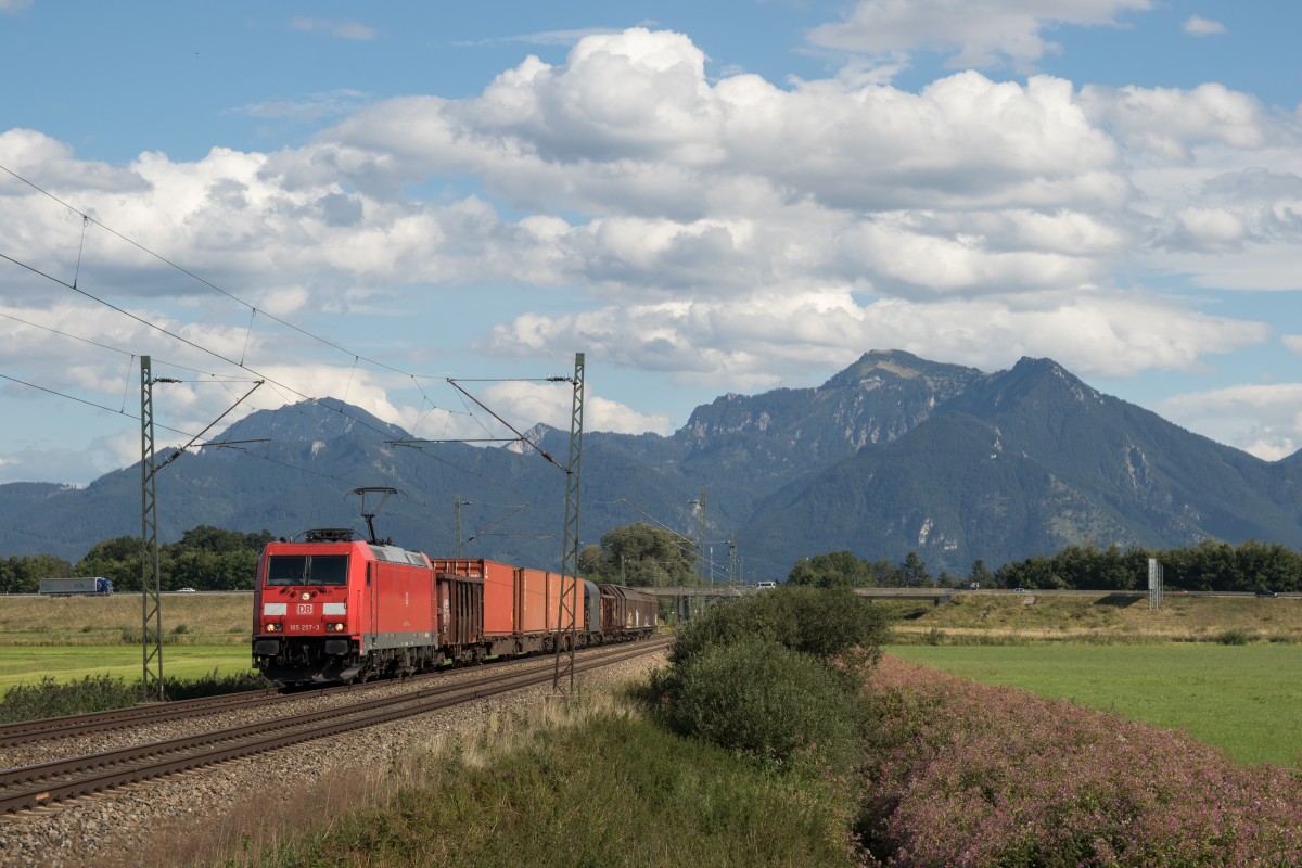 185 257 mit der Übergabe nach Rosenheim am 24. August 2015 bei Bernau am Chiemsee.