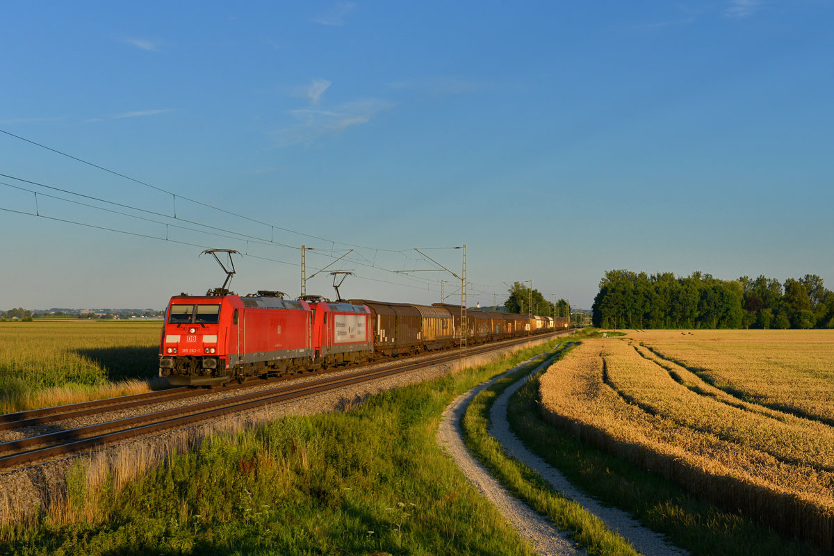 185 263 + 185 273 mit einem Güterzug am 13.07.2017 bei Langenisarhofen. 