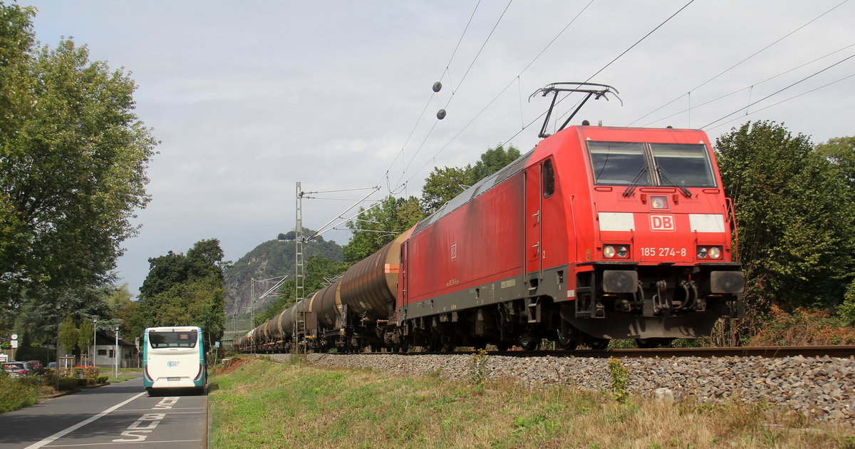 185 274-8 DB kommt aus Richtung Köln mit einem langen Kesselzug aus Antwerpen-BASF(B) nach Ludwigshafen-BASF(D) und fährt durch Bad-Honnef(am Rhein) in Richtung Koblenz. 
Aufgenommen auf der Rechten Rheinstrecke in Bad-Honnef(am Rhein). 
Bei Sommerwetter am Nachmittag vom 8.8.2019. 