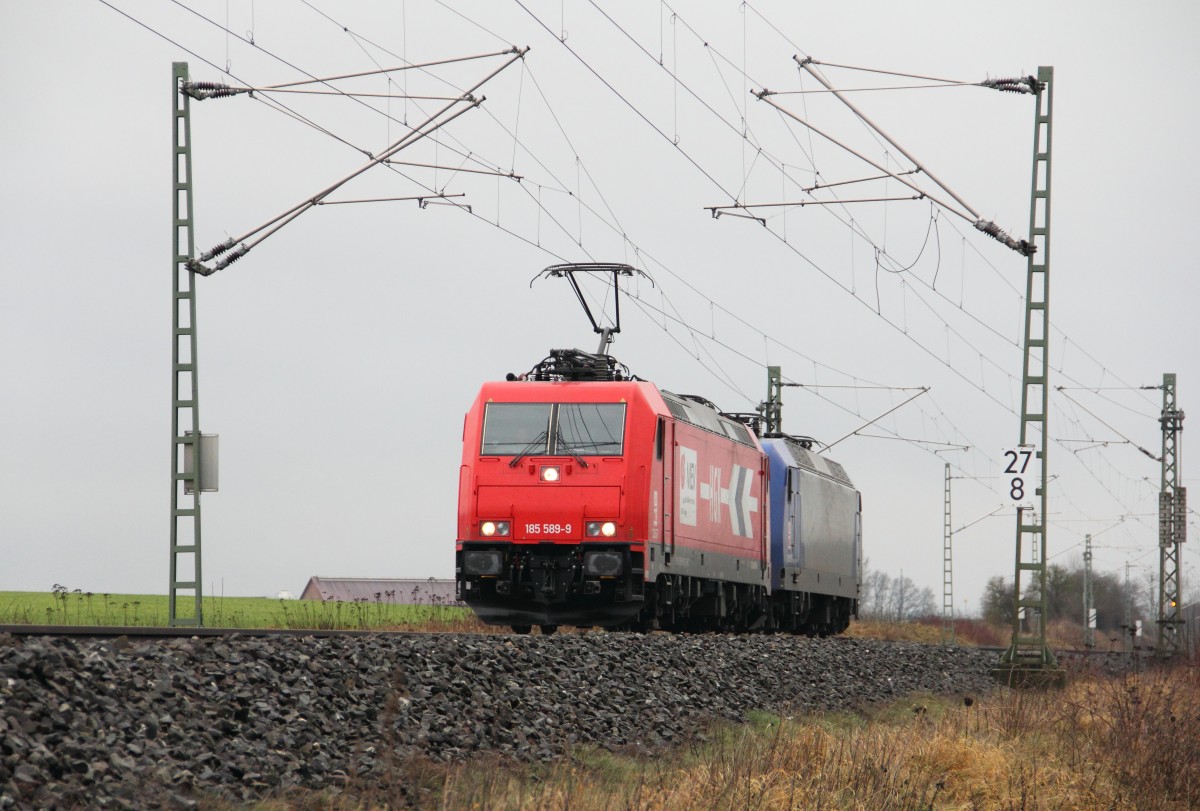 185 289-9 HGK und 145-CL 201 bei Reundorf am 07.01.2015. (Diesmal mit kompletten Mast auf Anregung von Erhard. Vorheriges Bild war ID 841236)