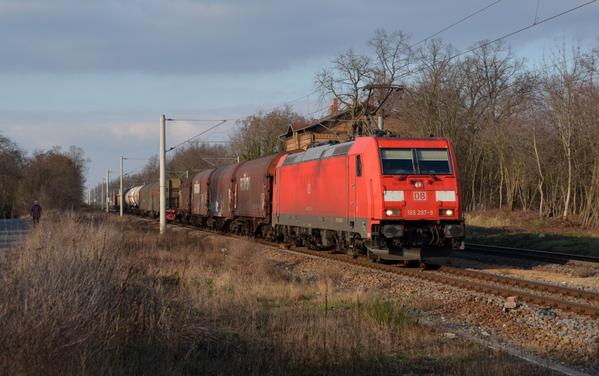 185 297 fuhr mit einem kurzen gemischten Güterzug am 13.02.16 durch Raguhn Richtung Bitterfeld.