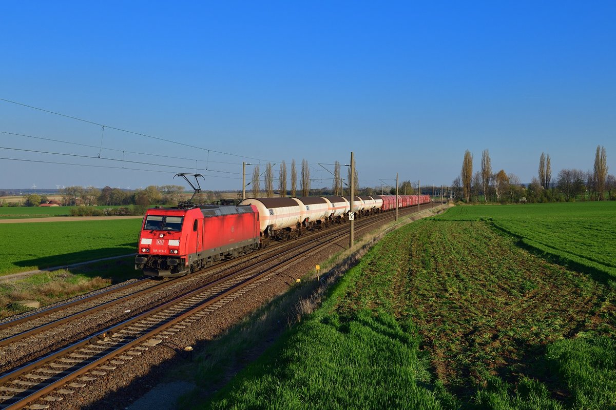 185 313 mit einem Güterzug am 17.04.2019 bei Eilsleben.