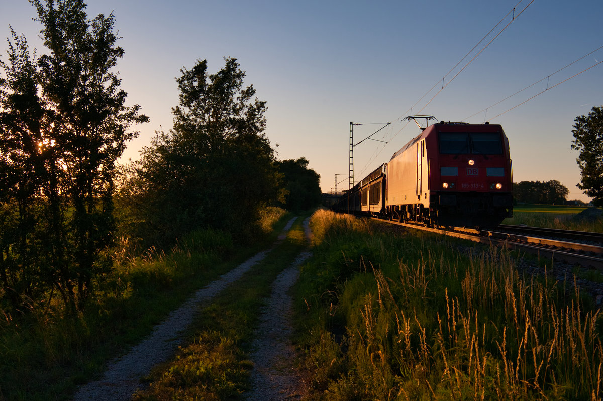 185 313 mit einem leeren Autotransportzug bei Postbauer-Heng Richtung Regensburg, 27.06.2019