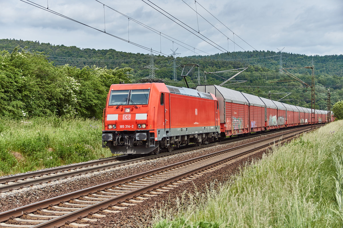 185 314-2 mit einen Autozug bei Reilos am 08.06.2017 ist in Richtung Süden unterwegs.