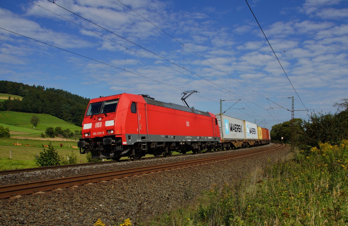 185 339-9 ist am 28.08.14 mit einen Containerzug bei Hermannspiegel unterwegs.