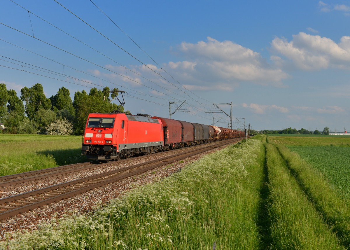 185 341 mit einem Güterzug am 17.05.2015 bei Plattling. 