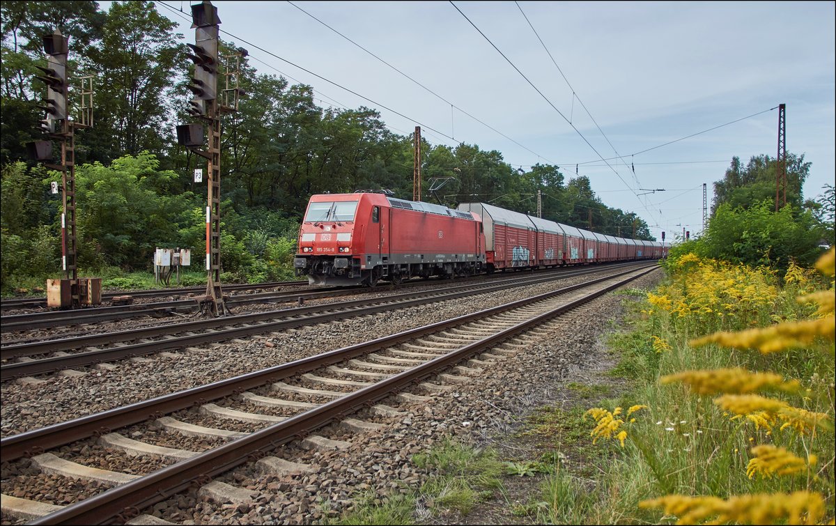 185 354-8 ist mit einen Altmann-Autozug bei Elm am 30.08.2017 zu sehen.