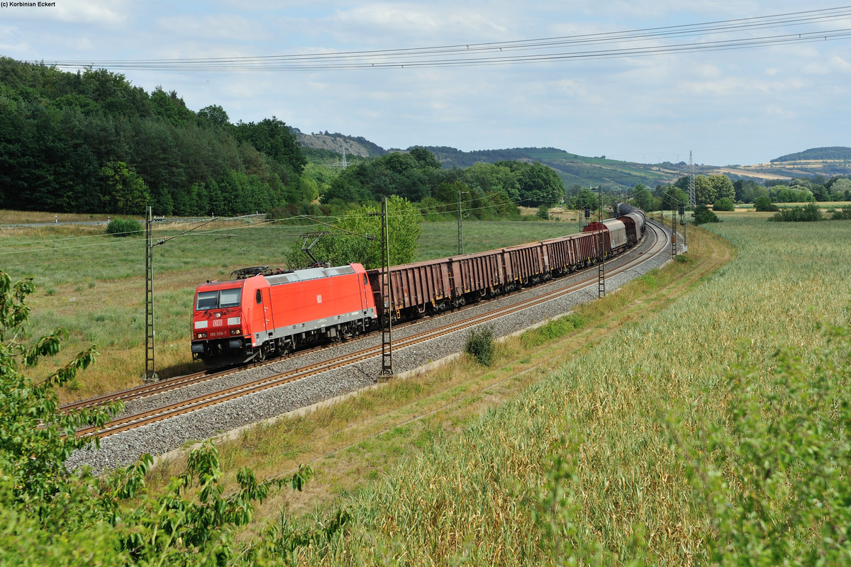 185 359-7 mit einem gemischten Güterzug bei Harrbach Richtung Gemünden(Main), 23.07.2015