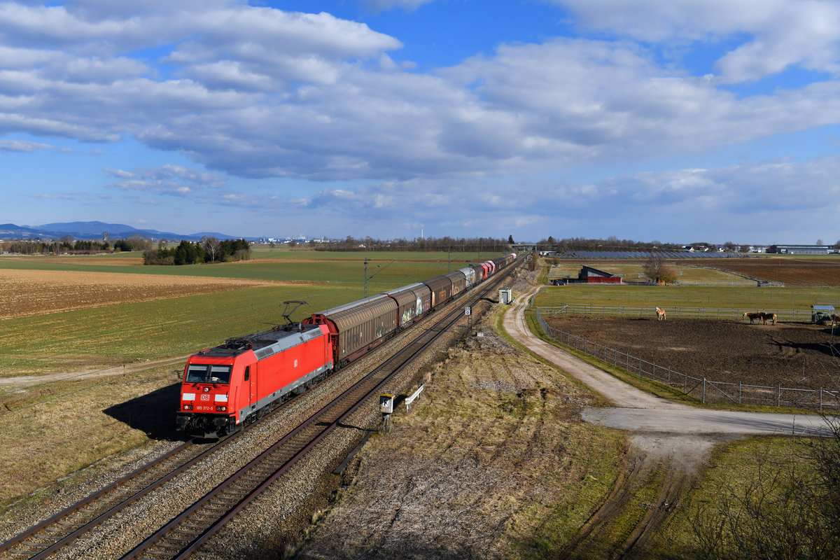 185 372 mit einem Güterzug am 21.03.2018 bei Stephansposching. 