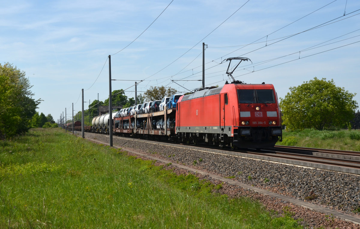 185 384 führte am 05.05.18 einen gemischten Güterzug durch Brehna Richtung Bitterfeld.