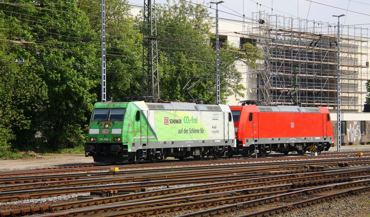 185 389-4  CO2-frei  185 369-6 DB rangiern in Aachen-West.
 Aufgenommen von Bahnsteig in Aachen-West bei schönem Sonnenschein am Nachmittag vom 4.5.2014.