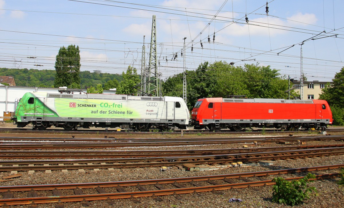 185 389-4  CO2-frei  185 369-6 DB rangiern in Aachen-West. Aufgenommen von Bahnsteig in Aachen-West bei schönem Sonnenschein am Nachmittag vom 4.5.2014.