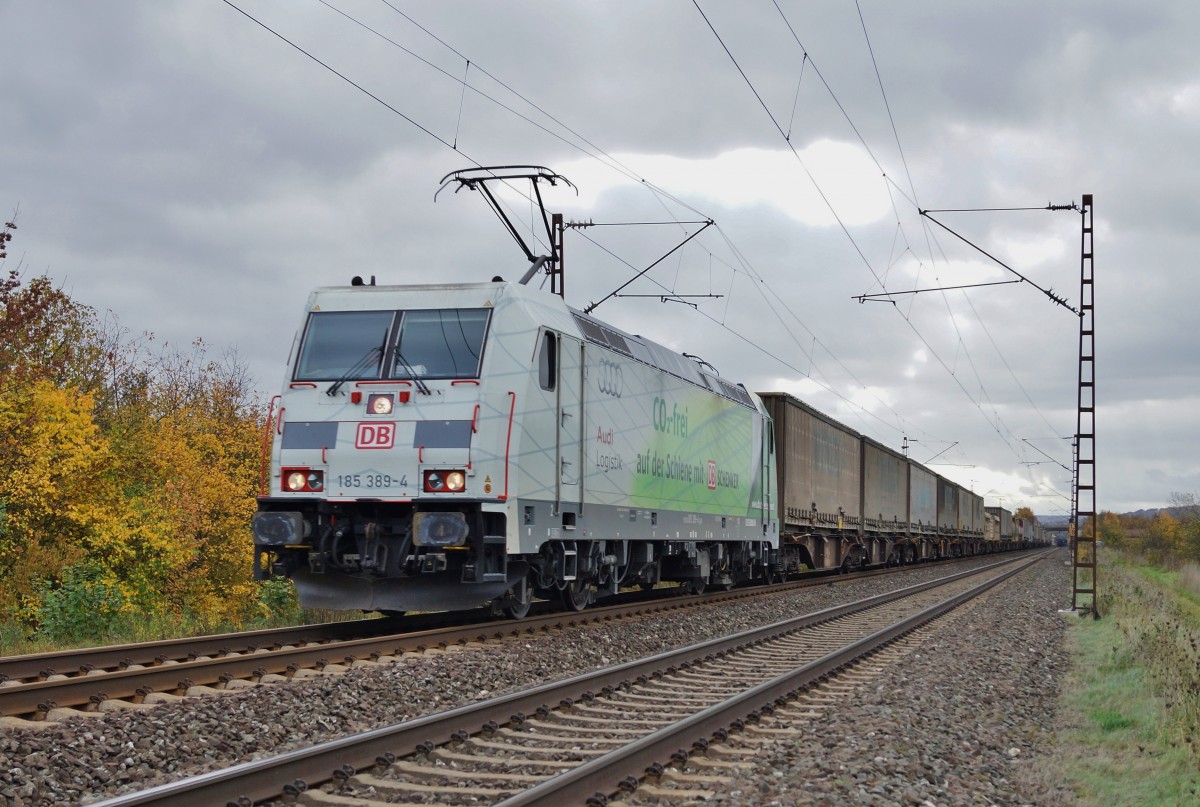 185 389-4 mit einen Aufliegerzug Richtung Norden am 24.10.13.