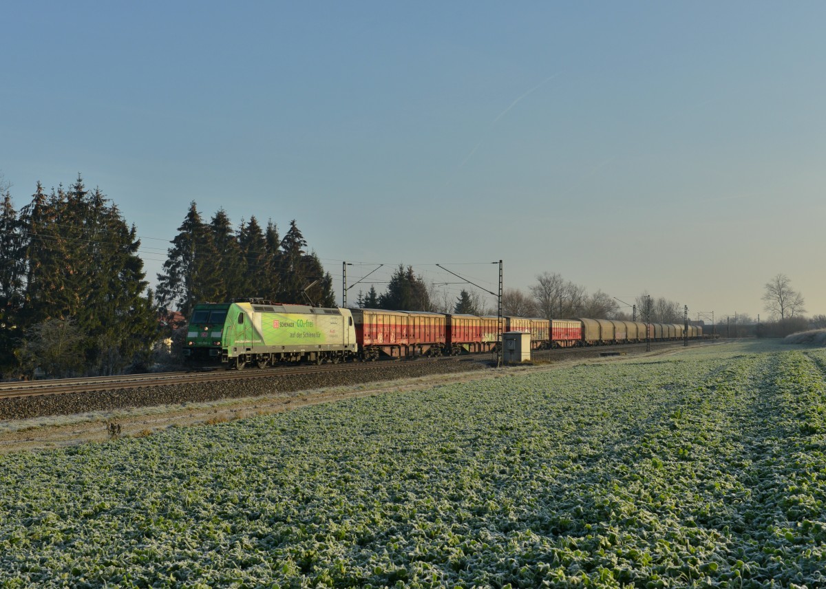 185 389 mit einem Güterzug am 28.12.2015 bei Langenisarhofen. 