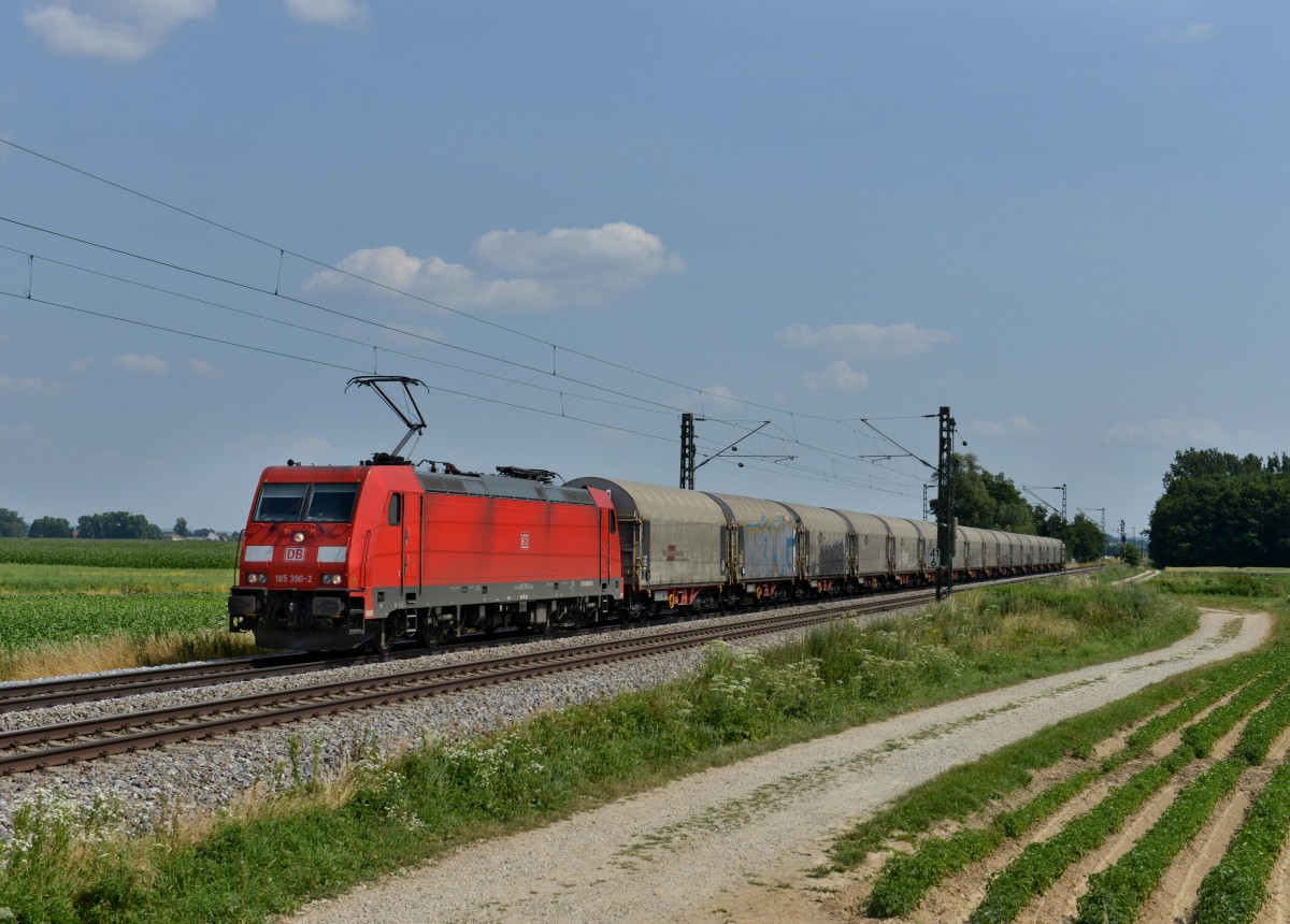 185 390 mit einem Stahlzug am 14.07.2013 bei Langenisarhofen.