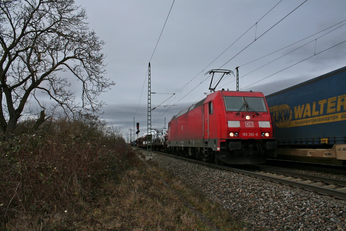 185 392-8 mit einem gemischten Gterzug auf dem Weg nach Weil am Rhein/Basel Rbf am Nachmittag des 14.02.14 sdlich des Bahnhofs Mllheim (Baden).