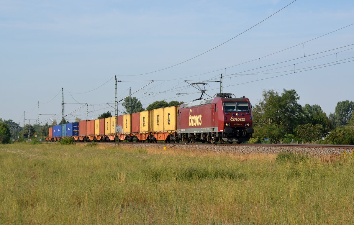 185 513 führte am 17.08.18 einen übersichtlichen Containerzug durch Gräfenhainichen Richtung Wittenberg.