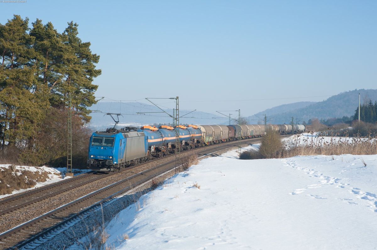 185 515-4 mit einem gemischten Güterzug bei Darshofen Richtung Nürnberg, 21.01.2017