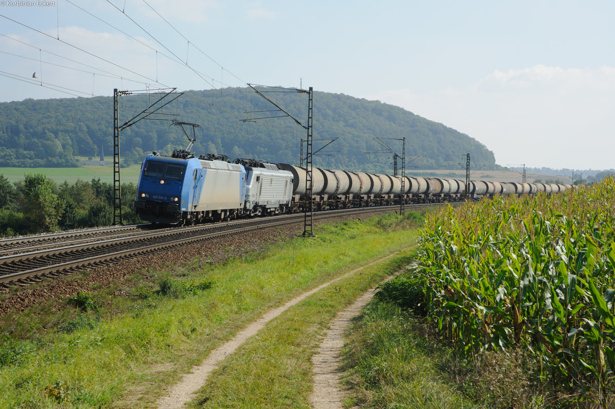 185 519-6 + 37 050 CFL mit einem Kesselzug bei Wettelsheim Richtung Würzburg, 24.09.2016