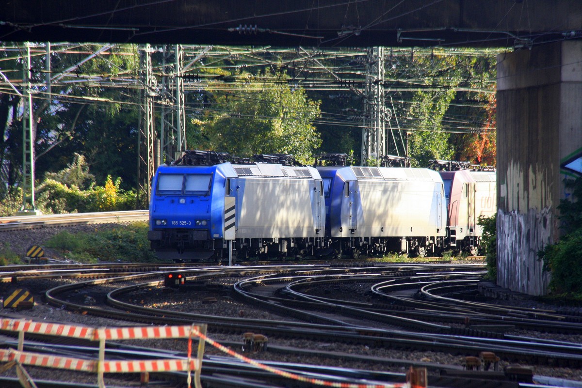 185 525-3,145 CL-204 und 185 drei von Crossrail stehen auf dem Abstellgleis in Aachen-West bei tollem Herbstwetter am 20.10.2013.