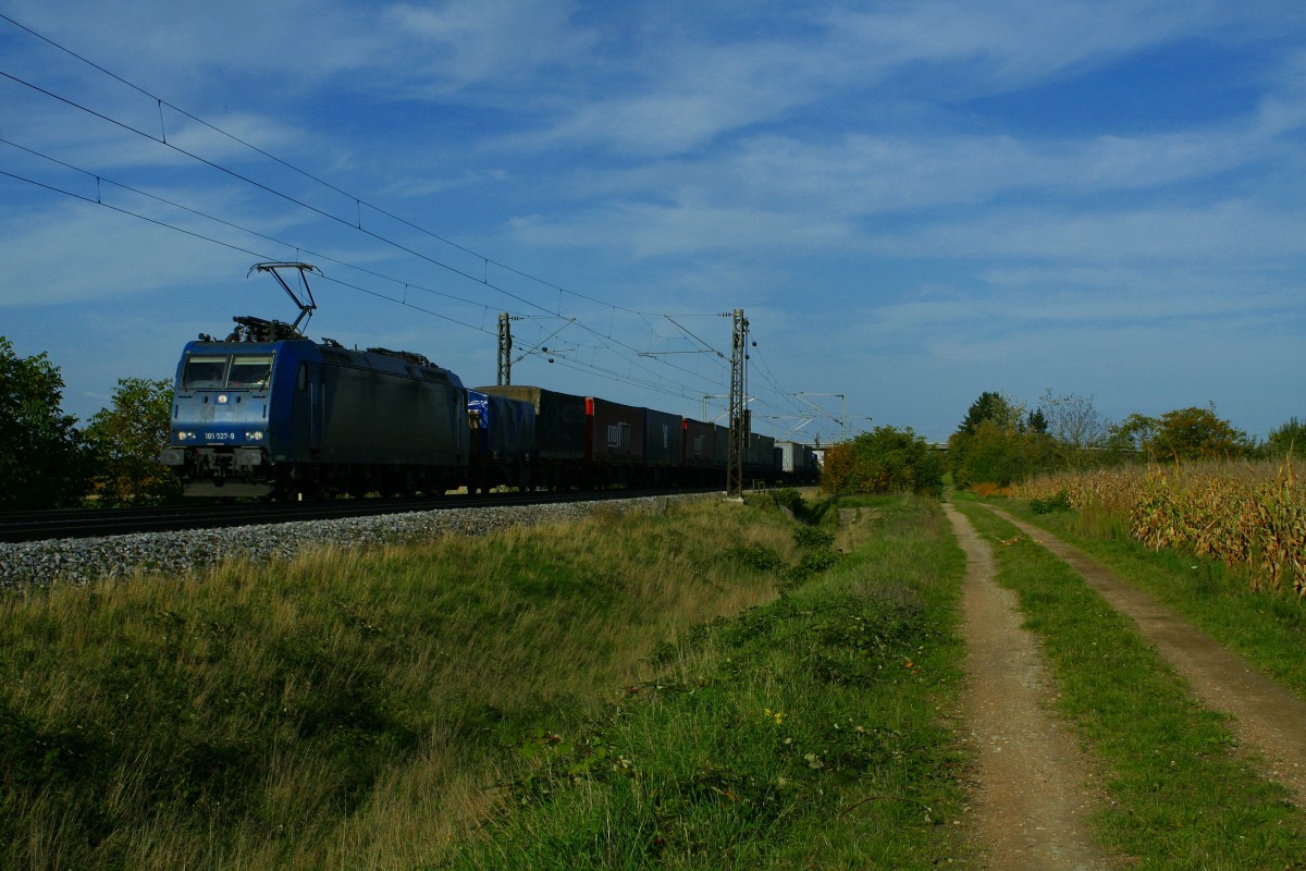 185 527-9 mit einem Containerzug gen Basel am Nachmittag des 22.10.13 westlich von Hgelheim.