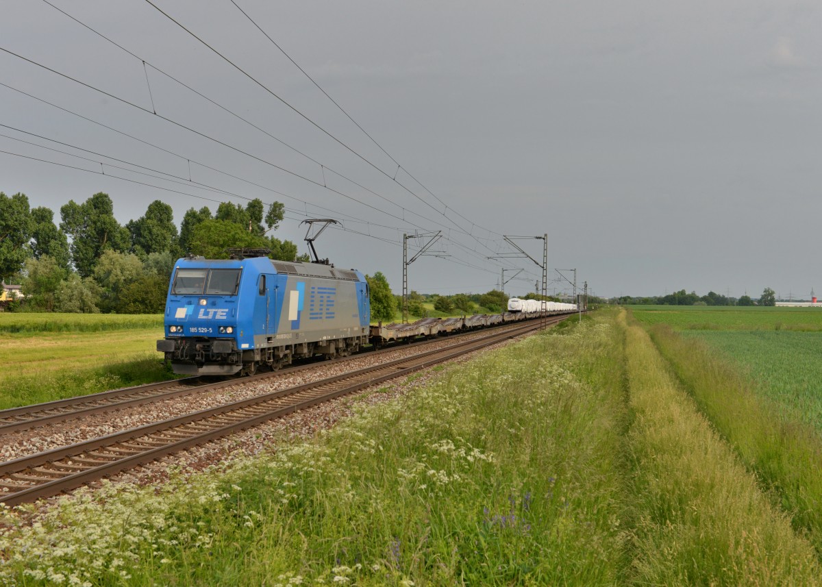 185 529 mit einem Autozug am 31.05.2015 bei Plattling. 