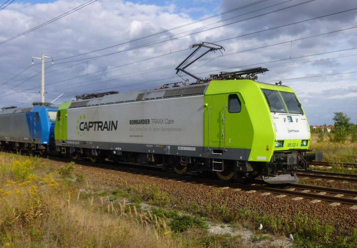 185 532-9 durchfährt Brieske in Richtung Ruhland am 01.09.2013 .