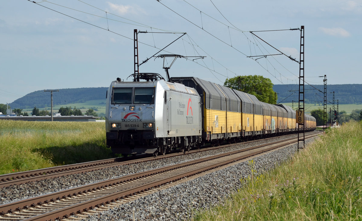 185 539 der TX Logistik führte am 13.06.17 einen Altmannzug durch Retzbach-Zellingen Richtung Gemünden.