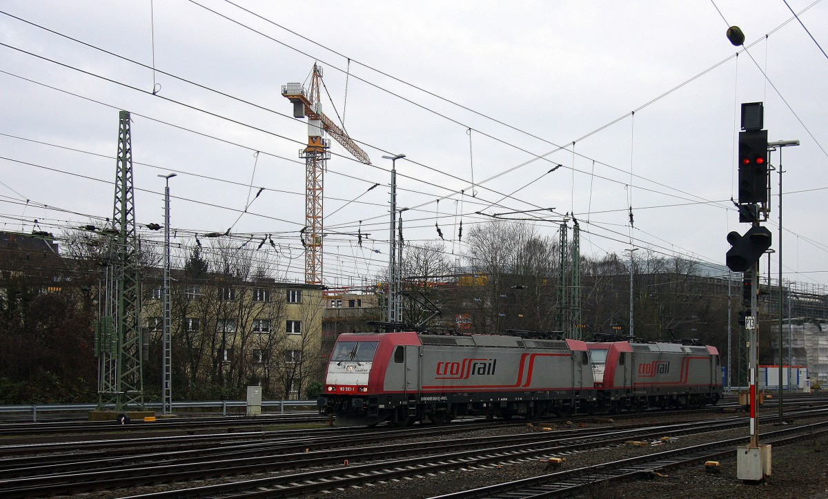 185 593-1,185 599-8 beide von Crossrail rangiern in Aachen-West. 
Aufgenommen vom Bahnsteig in Aachen-West am 2.1.2015.