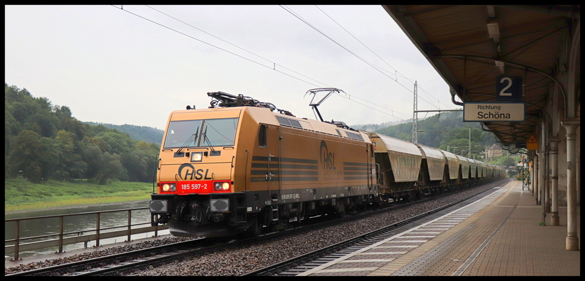 185 597 mit einem Güterzug am 11.08.17 in Königstein Richtung Dresden