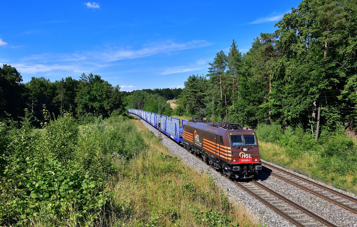 185 600 mit einem leeren Autozug am 03.08.2022 bei Deuerling.